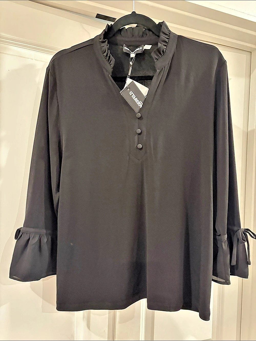 Karl Lagerfeld Black Ruffle Neck Blouse NWT